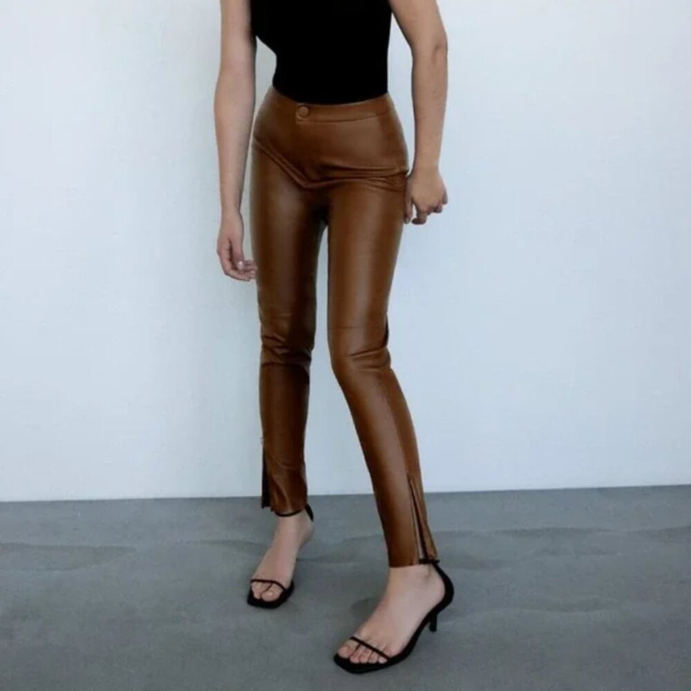 Zara Brown Ankle Zip Faux Leather High Rise Legging S